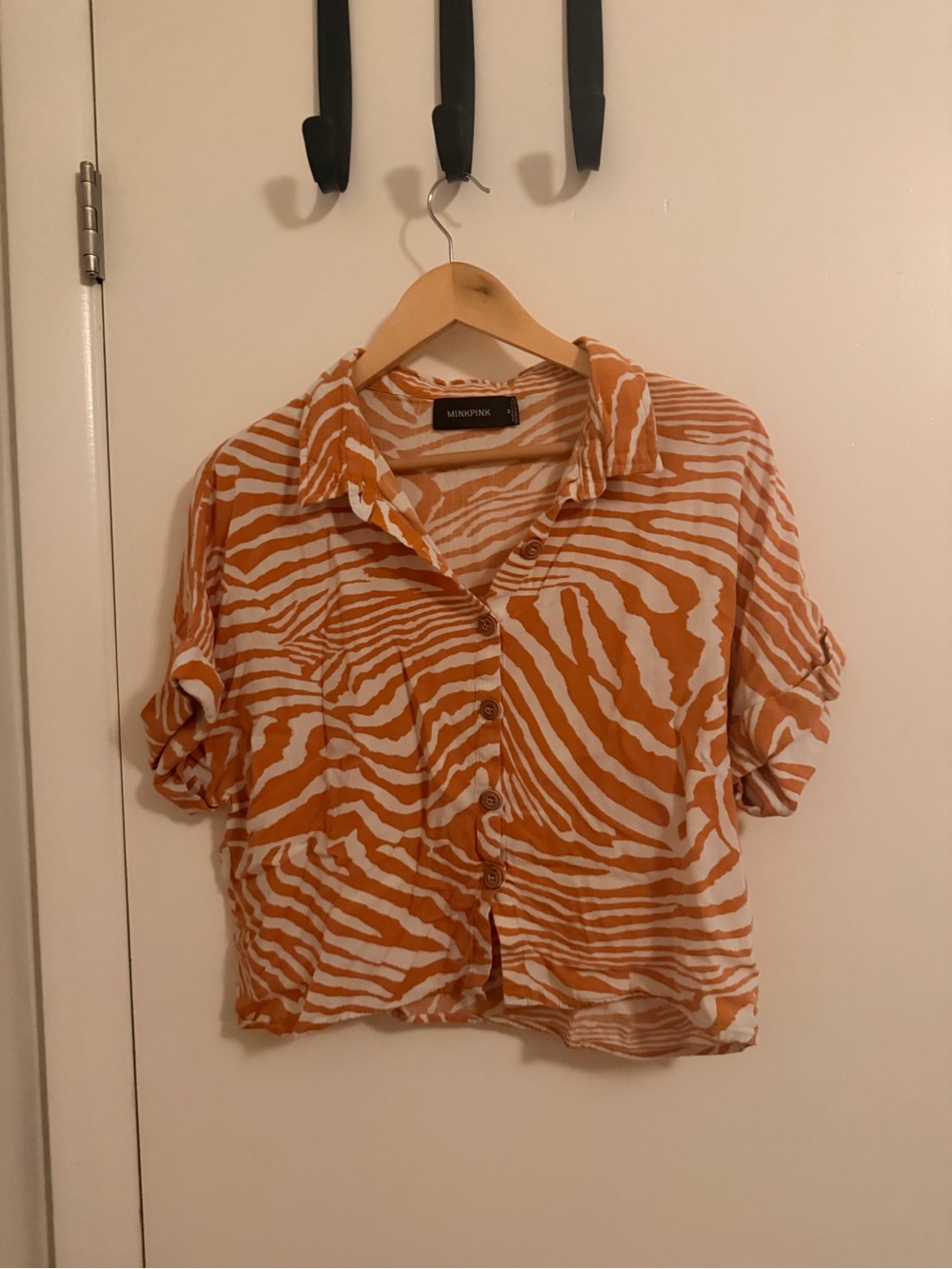 MINKPINK Orange and White Zebra Button-Front Short Sleeve Top